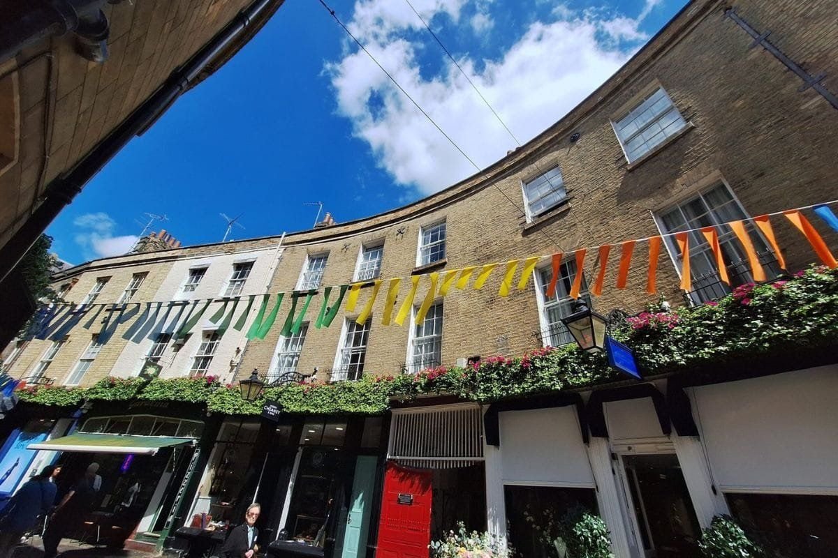 Rose Crescent in the sunshine with brightly coloured bunting.