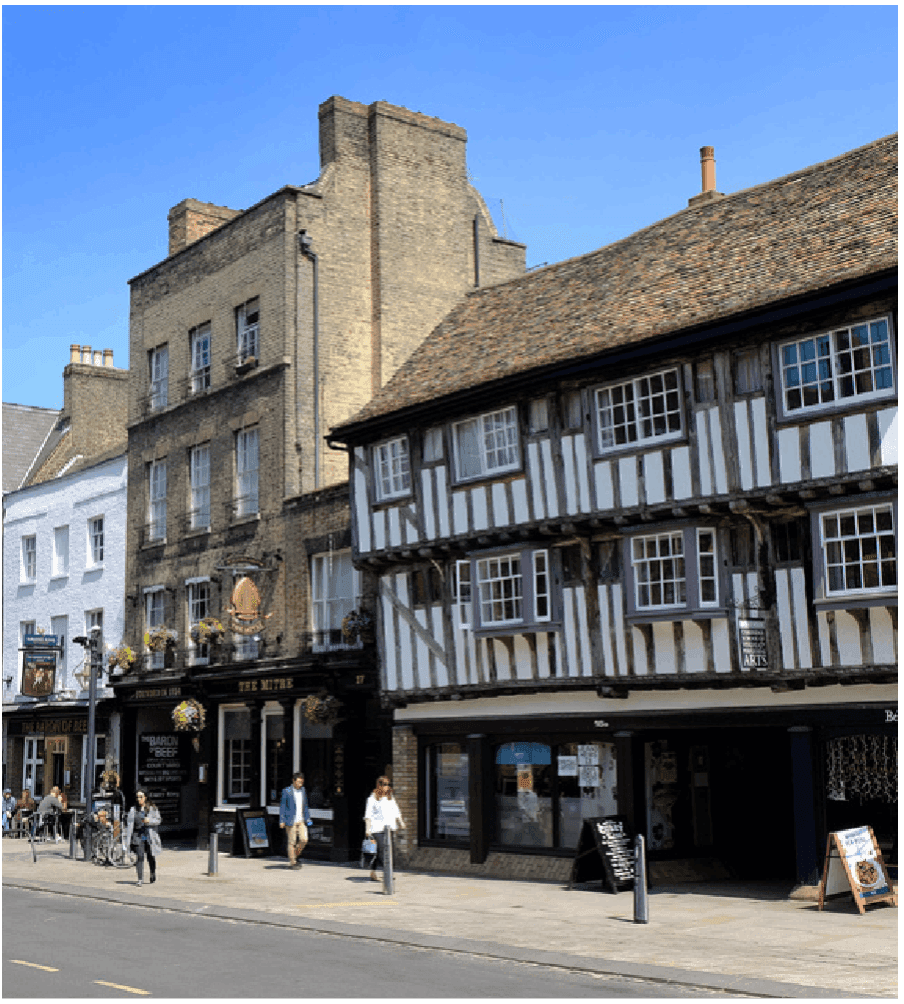 Tudor buildings along Bridge Street in Cambridge.