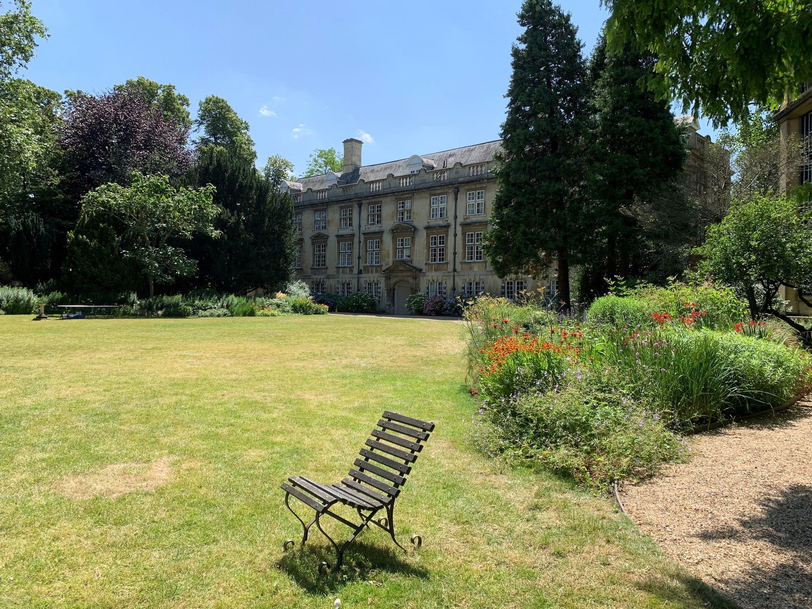 A chair in the Fellows' Garden at Christ's College, Cambridge, surrounded by summer planting.