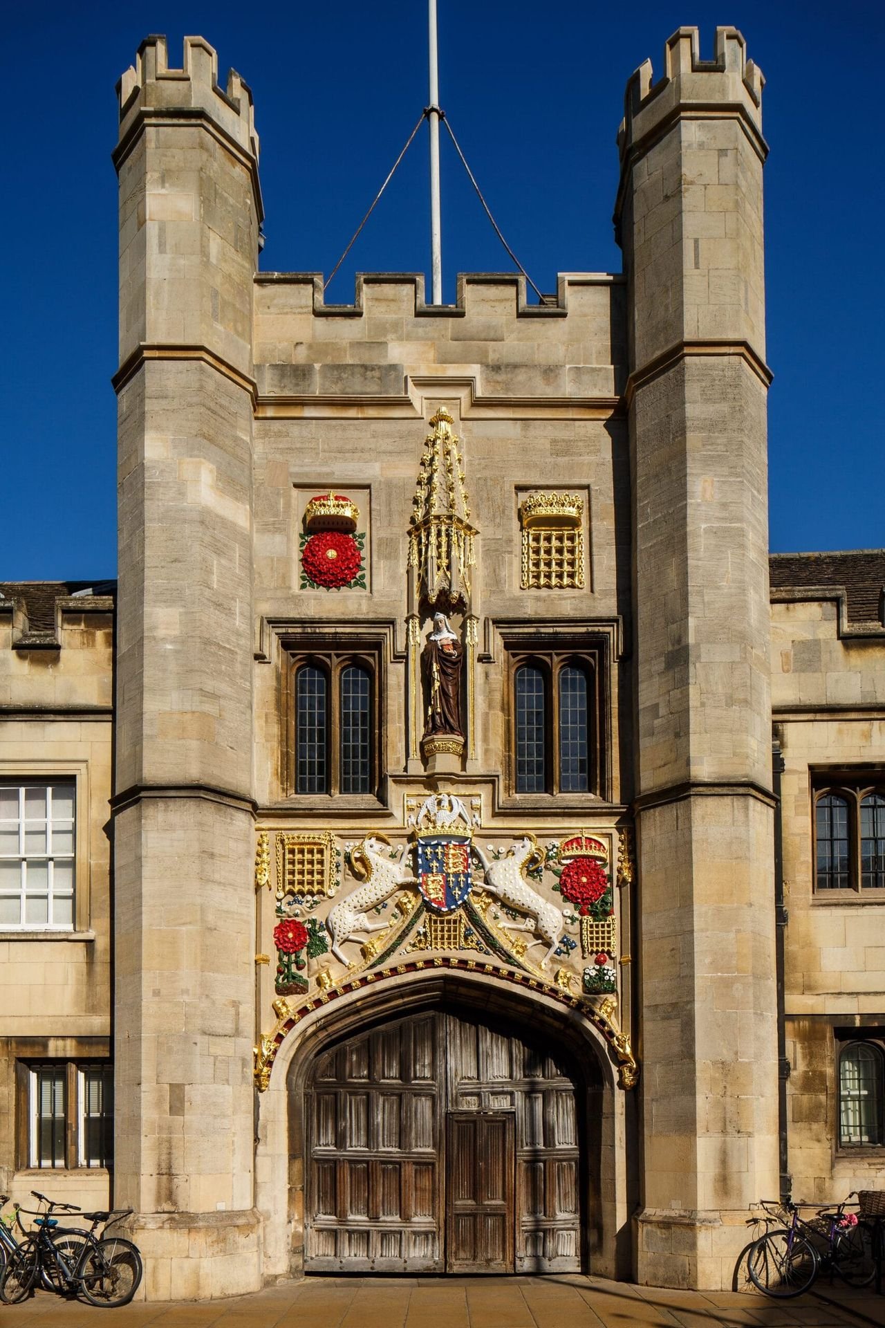 The Great Gate of Christ’s College on St Andrew’s Street, Cambridge, with its carved coat of arms.