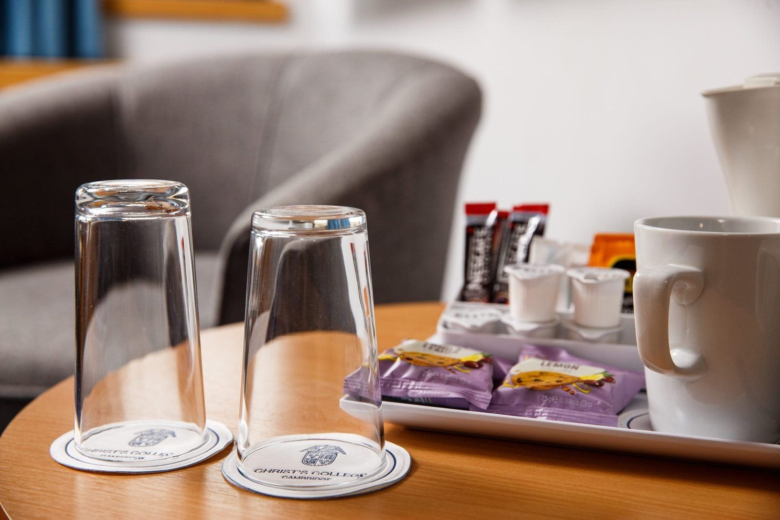 Tea and coffee making facilities in a guest bedroom at Christ's College, Cambridge.