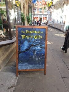 Rose Crescent shop sign - Department of Magical Gifts, Cambridge. Shopping in Cambridge.